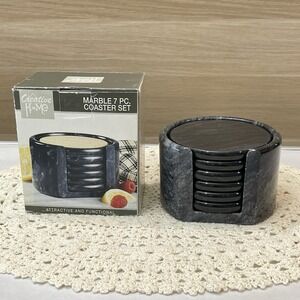 Creative Home Natural Gray Marble 7 Piece Round Coaster With Cork Inlays